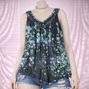 Just Cruising Tank Top Womens OS Blue Floral Beaded Babydoll Boho Fairycore